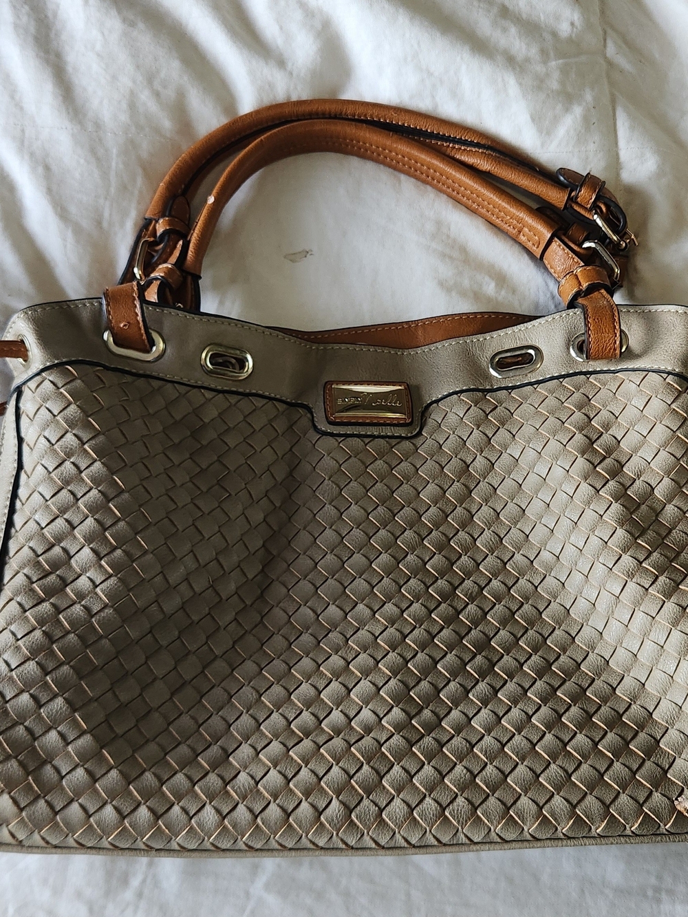Simply Noelle Woven Tote in Taupe with Tan Handles